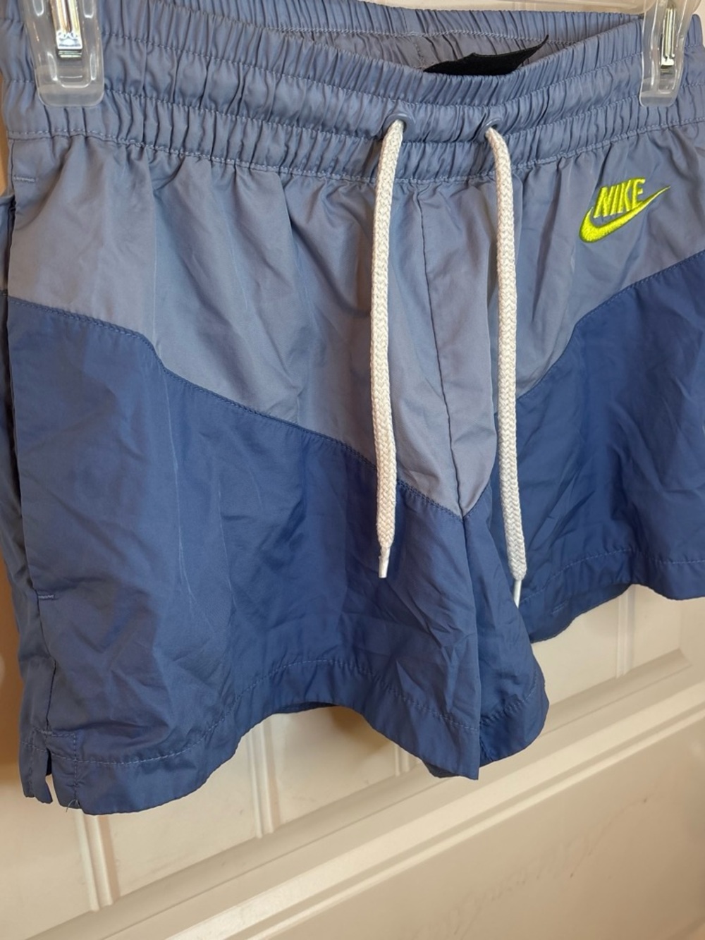 Nike Blue Two-Tone Athletic Shorts with Neon Yellow Logo - Picture 3 of 3